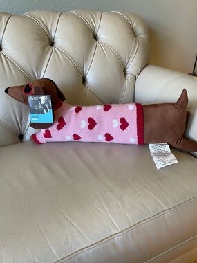 Plush Dachshund Bolster Pillow in Pink and Brown with Heart Pattern